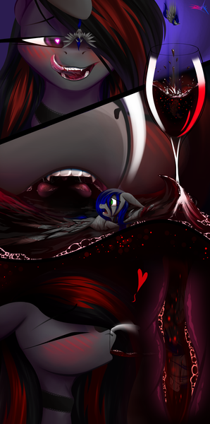 Size: 1680x3387 | Tagged: suggestive, artist:darky_wings, derpibooru import, oc, oc:mb midnight breeze, oc:se solar eclipse, unofficial characters only, pegasus, pony, alcohol, blushing, commission, drinking, drool, drunk, glass, heart, heart eyes, image, licking, licking lips, macro, macro/micro, maw, mawshot, micro, open mouth, png, swallowing, throat, throat bulge, tiny, tiny ponies, tongue out, vore, wine, wine glass, wingding eyes, ych result