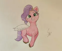 Size: 1806x1497 | Tagged: safe, artist:engi, derpibooru import, pipp petals, pegasus, pony, g5, crown, cute, female, hopping, image, jewelry, jpeg, regalia, simple background, smiling, solo, spread wings, traditional art, watercolor painting, wings