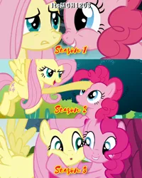 Size: 2458x3072 | Tagged: safe, derpibooru import, edit, edited screencap, editor:itsmgh1203, screencap, fluttershy, pinkie pie, earth pony, pegasus, pony, dragonshy, putting your hoof down, season 1, season 2, season 3, too many pinkie pies, :o, boop, cute, diapinkes, duo, duo female, female, flying, image, jpeg, mare, nose to nose, noseboop, open mouth, open smile, shyabetes, smiling, spread wings, text, wings