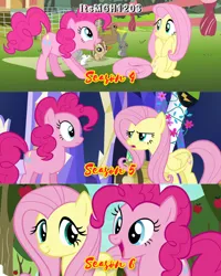 Size: 2458x3072 | Tagged: safe, derpibooru import, edit, edited screencap, editor:itsmgh1203, screencap, fluttershy, pinkie pie, earth pony, mouse, pegasus, pony, rabbit, buckball season, castle sweet castle, filli vanilli, season 4, season 5, season 6, animal, duo, duo female, female, frown, image, jpeg, mare, open mouth, open smile, smiling, text, twilight's castle