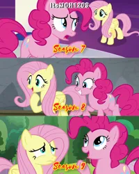 Size: 2458x3072 | Tagged: safe, derpibooru import, edit, edited screencap, editor:itsmgh1203, screencap, fluttershy, pinkie pie, earth pony, pegasus, pony, 2 4 6 greaaat, horse play, not asking for trouble, season 7, season 8, season 9, spoiler:s08, spoiler:s09, duo, duo female, female, frown, grin, image, jpeg, mare, open mouth, open smile, smiling, text, twilight's castle