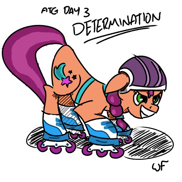 Size: 3000x3000 | Tagged: safe, artist:pegasus_brain, derpibooru import, sunny starscout, earth pony, pony, g5, my little pony: a new generation, atg 2022, determination, female, image, jpeg, mare, newbie artist training grounds, roller skates, skates, solo, text
