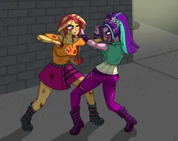 Size: 3817x3023 | Tagged: semi-grimdark, artist:lennondash, derpibooru import, aria blaze, sunset shimmer, equestria girls, arse-ia blaze, ass, black eye, bleeding, blood, boots, breasts, bruised, busty sunset shimmer, butt, clothes, commission, duo, duo female, female, fight, gritted teeth, image, nosebleed, one eye closed, open mouth, png, punch, shoes, sidewalk, skirt, teeth, torn clothes, wall