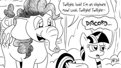 Size: 1200x675 | Tagged: safe, artist:pony-berserker, derpibooru import, pinkie pie, twilight sparkle, twilight sparkle (alicorn), alicorn, elephant, image, implied discord, monochrome, png, pony-berserker's twitter sketches, pony-berserker's twitter sketches (2023), ponyville, species swap, transformation