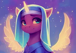 Size: 2496x1728 | Tagged: safe, derpibooru import, machine learning generated, stable diffusion, sunny starscout, alicorn, pony, g5, ai content, derpibooru exclusive, ethereal wings, generator:pony diffusion v4, glow, glowing horn, horn, image, jpeg, looking at you, nun, prompter:siber, simple background, smiling, smiling at you, solo, stars, wings