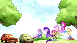 Size: 1704x959 | Tagged: safe, derpibooru import, applejack, fluttershy, pinkie pie, rainbow dash, rarity, sunset shimmer, equestria girls, friendship games, background, cars (pixar), cars 2, grass, grem and acer, image, mane five, png, scared