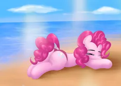 Size: 3508x2480 | Tagged: safe, artist:ericsson, derpibooru import, pinkie pie, summer breeze, oc, anthro, earth pony, pony, beach, beautiful, butt, clothes, colored, colorful, curls, curly hair, cutie, cutie mark, friendship student, holiday, image, nice, ocean, panties, pants, pink, pinkamena diane pie, png, relaxing, resting, sand, simple background, solo, summer, sun, underwear, vacation, water