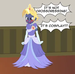 Size: 2668x2638 | Tagged: safe, artist:badumsquish, derpibooru import, star tracker, human, equestria girls, once upon a zeppelin, the last problem, angry, blushing, clothes, clothes swap, coronation dress, cosplay, costume, crossdressing, crossplay, crown, derpibooru exclusive, dialogue, dress, embarrassed, equestria girls 10th anniversary, equestria girls-ified, freckles, frown, gloves, high res, image, implied twilight sparkle, jewelry, male, open mouth, png, pose, regalia, second coronation dress, show accurate, solo, starcrossed, yelling