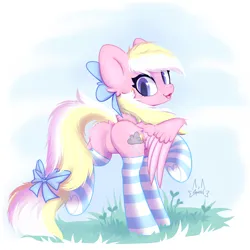 Size: 2048x2048 | Tagged: safe, artist:squirrel, derpibooru import, oc, oc:bay breeze, unofficial characters only, pegasus, pony, bow, butt, clothes, cute, female, hair bow, image, mare, ocbetes, pegasus oc, plot, png, socks, solo, striped socks, tail, tail bow, wings