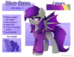 Size: 4034x3114 | Tagged: safe, artist:madelinne, derpibooru import, oc, oc:silver cornu, unofficial characters only, bat pony, bat wings, clothes, hoodie, image, png, purple hair, reference sheet, size comparison, solo, spread wings, wings