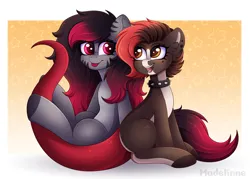 Size: 4500x3222 | Tagged: safe, artist:madelinne, derpibooru import, oc, oc:madelinne, earth pony, gecko, :p, duo, happy, image, png, sitting, tongue out