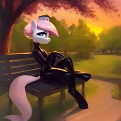 Size: 3072x3072 | Tagged: suggestive, derpibooru import, machine learning generated, stable diffusion, nurse redheart, anthro, earth pony, ai content, bench, bodysuit, clothes, generator:purplesmart.ai, grass, hat, image, jpeg, latex, latex suit, looking at you, nurse hat, park, prompter:thegoldenmonk, sitting, solo, sunset, tree