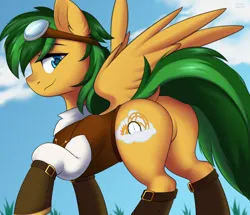 Size: 2662x2286 | Tagged: suggestive, artist:alunedoodle, derpibooru import, oc, oc:bronycars, pegasus, bedroom eyes, boots, bust, butt, clothes, commission, glasses, image, male, png, portrait, rear view, shoes, simple background, solo, vest, ych result, your character here