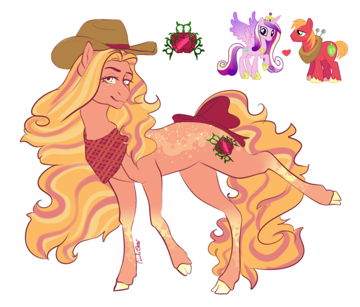 Size: 1578x1346 | Tagged: safe, artist:caliartshow, derpibooru import, big macintosh, princess cadance, oc, unnamed oc, alicorn, earth pony, pony, bandana, body freckles, bow, cadmac, cloven hooves, cowboy hat, earth pony oc, female, freckles, hat, heart, image, infidelity, lidded eyes, looking at you, male, mare, offspring, parent:big macintosh, parent:princess cadance, parents:cadmac, png, shipping, simple background, smiling, smiling at you, solo, stallion, straight, tail, tail bow, transparent background, unmoving plaid