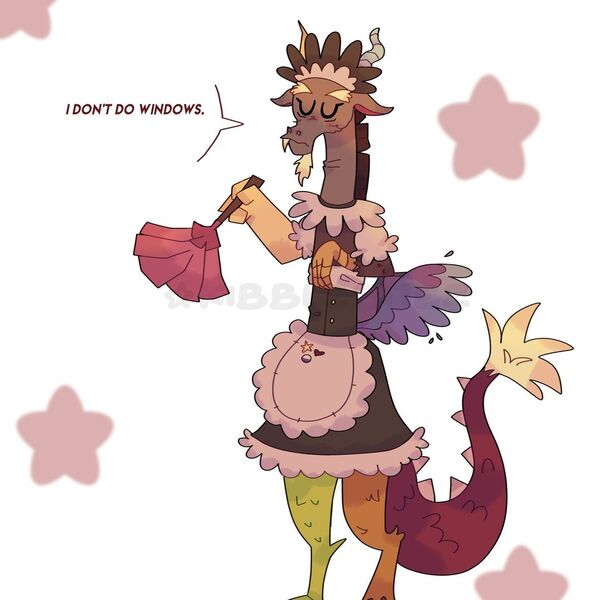 Size: 1080x1080 | Tagged: safe, artist:kibbleb1tez, artist:kibblebitez, derpibooru import, discord, draconequus, clothes, crossdressing, duster, image, jpeg, maid, maid discord, maid headdress, male, quote, solo, solo male, standing, watermark