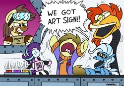 Size: 2382x1646 | Tagged: safe, artist:bobthedalek, derpibooru import, starlight glimmer, sunburst, trixie, oc, oc:calpain, oc:kettle master, earth pony, pony, robot, crossover, flailing, image, mystery science theater 3000, png, screaming, species swap