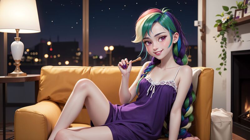 Size: 1920x1080 | Tagged: suggestive, derpibooru import, machine learning generated, stable diffusion, rainbow dash, human, ai content, braid, braided ponytail, city, cityscape, clothes, couch, female, fireplace, generator:realcartoon3d, humanized, image, jpeg, lipstick, looking at you, lying down, multicolored hair, nightgown, ponytail, prompter:marusame, purple eyes, rainbow hair, side, solo, solo female, solo focus, window