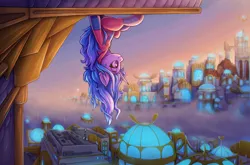 Size: 1200x790 | Tagged: safe, artist:zeepheru_pone, derpibooru import, izzy moonbow, pony, unicorn, g5, atg 2023, building, city, cityscape, clothes, costume, female, fog, image, mare, marvel, newbie artist training grounds, png, solo, spider-man, spider-man: across the spider-verse, sunset, upside down, zephyr heights