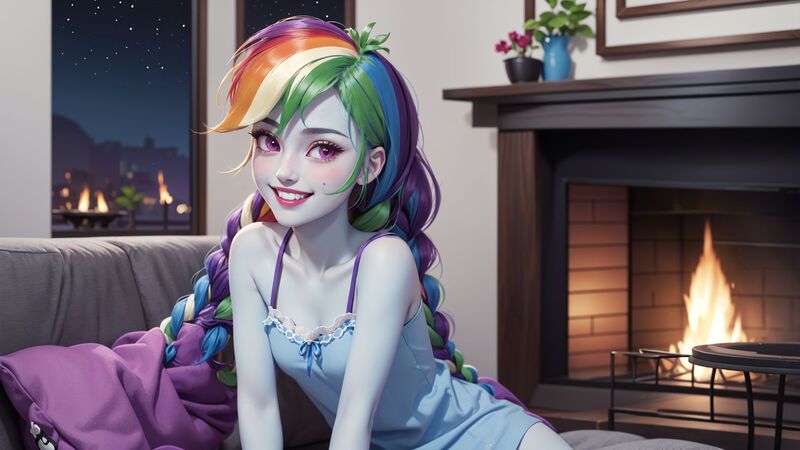 Size: 1920x1080 | Tagged: suggestive, derpibooru import, machine learning generated, stable diffusion, rainbow dash, human, ai content, blue skin, braid, braided ponytail, city, cityscape, clothes, couch, female, fireplace, generator:realcartoon3d, humanized, image, jpeg, lipstick, looking at you, multicolored hair, nightgown, pillow, ponytail, prompter:marusame, purple eyes, rainbow hair, sitting, solo, solo female, solo focus, stars, teeth, window