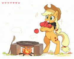 Size: 2900x2300 | Tagged: safe, artist:fuyugi, derpibooru import, applejack, earth pony, pony, apple, bipedal, campfire, cooking, female, food, heart, image, jpeg, mare, open mouth, open smile, simple background, smiling, solo, sparkles, spoon, the legend of zelda, the legend of zelda: breath of the wild, white background