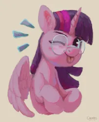 Size: 2178x2702 | Tagged: safe, artist:aemantaslim, derpibooru import, twilight sparkle, twilight sparkle (alicorn), alicorn, pony, ;p, beige background, blushing, cute, emanata, female, glasses, high res, image, looking at you, mare, one eye closed, png, round glasses, signature, simple background, smiling, smiling at you, solo, tongue out, twiabetes, wink, winking at you