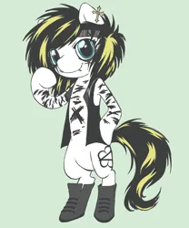 Size: 1439x1727 | Tagged: safe, artist:cactuscruncher, derpibooru import, ponified, earth pony, pony, andy biersack, bandana, bipedal, black mane, black veil brides, blue eyes, bodypaint, boots, clothes, derpibooru exclusive, dyed mane, dyed tail, ear piercing, eye clipping through hair, face paint, facial piercing, green background, hoof on hip, image, lip piercing, long hair, long mane, looking at you, makeup, male, messy mane, messy tail, piercing, png, raised hoof, shoes, simple background, smiling, smiling at you, solo, stallion, standing, standing on two hooves, tail, three quarter view, upright, vest, white coat