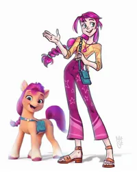 Size: 2080x2600 | Tagged: safe, artist:gmircea2, derpibooru import, sunny starscout, earth pony, human, pony, g5, bag, belt, clothes, cute, denim, duo, feet, female, human ponidox, humanized, image, jeans, jewelry, jpeg, mare, markings, necklace, open mouth, pale skin, pants, sandals, self paradox, self ponidox, shirt, simple background, sunnybetes, unshorn fetlocks, white background