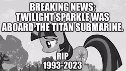 Size: 1000x563 | Tagged: semi-grimdark, derpibooru import, edit, edited screencap, screencap, twilight sparkle, black and white, breaking news, caption, current events, dead, death, exploitable meme, grayscale, image, image macro, jpeg, meme, monochrome, rest in peace, sad, text