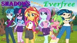 Size: 791x445 | Tagged: safe, derpibooru import, indigo zap, lemon zest, sci-twi, sonata dusk, sunny flare, sunset shimmer, twilight sparkle, human, siren, fanfic, fanfic:shadows among everfree, equestria girls, legend of everfree, camp everfree, camp everfree outfits, fanfic art, fanfic cover, image, png