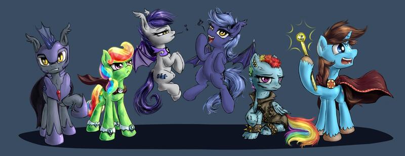 Size: 2387x921 | Tagged: safe, artist:sapsan, rainbow dash, oc, oc:dash vendar, bat pony, pegasus, pony, unicorn, fanfic:broken toy, blue background, female, hoof hold, image, jpeg, looking at you, male, mare, simple background, stallion