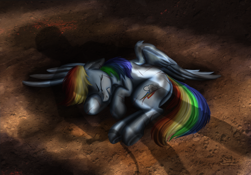 Size: 1248x871 | Tagged: safe, artist:darkknight, rainbow dash, oc, oc:alex vendar, oc:dash vendar, human, pegasus, pony, fanfic:broken toy, beaten up, female, illustration, image, mare, offscreen character, png, shadow, solo