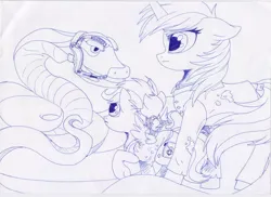 Size: 1024x744 | Tagged: safe, artist:darkknight, lyra heartstrings, scootaloo, mouse, pegasus, pony, snake, unicorn, fanfic:broken toy, female, filly, headset, image, jerry, jpeg, kaa, looking at each other, mare, monochrome, traditional art