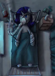 Size: 761x1050 | Tagged: safe, artist:darkknight, rarity, pony, unicorn, fanfic:broken toy, bed, breathing mask, hospital, hospital bed, illustration, image, injured, jpeg, solo