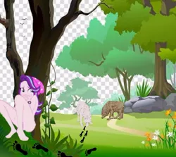 Size: 480x429 | Tagged: suggestive, derpibooru import, starlight glimmer, human, wolf, equestria girls, barefoot, covering, covering mouth, feet, female, footprint, forest, forest background, glimmer prey, hiding, hunting, image, jpeg, male, nudity, smell, smelling, sniffing, trace, tracks, tree, wolves