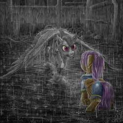 Size: 894x894 | Tagged: artist needed, safe, rainbow dash, scootaloo, oc, oc:dash vendar, pony, fanfic:broken toy, duo, female, filly, illustration, image, jpeg, looking at each other, mare, partial color