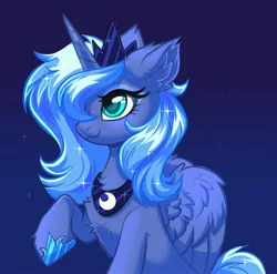 Size: 3280x3235 | Tagged: safe, artist:confetticakez, derpibooru import, princess luna, alicorn, pony, blue background, chest fluff, cute, ear fluff, female, hair over one eye, high res, horn, image, jpeg, lunabetes, mare, raised hoof, s1 luna, simple background, smiling, solo, sparkles, wings