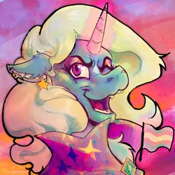 Size: 1500x1500 | Tagged: safe, artist:amendokat, derpibooru import, trixie, pony, unicorn, bust, cape, chest fluff, clothes, ear piercing, eyeshadow, fangs, image, lesbian pride flag, makeup, one eye closed, piercing, png, pride, pride flag, smiling, solo, trans trixie, transgender, transgender pride flag, wink