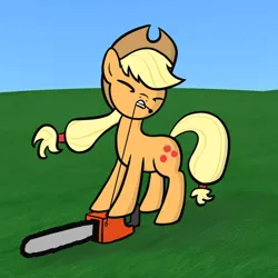 Size: 1064x1064 | Tagged: safe, artist:purblehoers, derpibooru import, applejack, earth pony, pony, applejack's hat, chainsaw, cowboy hat, eyes closed, female, grass, hat, image, mare, png, sky, solo, standing, this will not end well