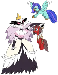 Size: 2234x2847 | Tagged: safe, artist:supahdonarudo, derpibooru import, oc, oc:ironyoshi, oc:sea lilly, avian, classical hippogriff, demon, hippogriff, pony, unicorn, angry, atg 2023, avian demon, camera, clothes, fist, flying, happy, helluva boss, holding, holding a pony, image, jewelry, necklace, newbie artist training grounds, panic, png, scared, scowl, shirt, simple background, stella (helluva boss), transparent background