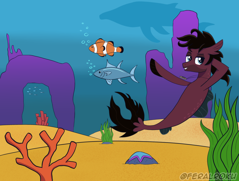 Size: 2000x1515 | Tagged: safe, artist:feralroku, derpibooru import, ponified, ponified:jordan fish, seapony (g4), starfish, whale, bubble, clownfish, commission, coral, hooves behind head, humpback whale, image, male, png, raised hoof, rock, tuna