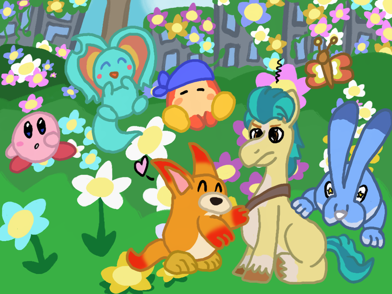 Size: 1000x750 | Tagged: safe, artist:mintwhistle, derpibooru import, hitch trailblazer, butterfly, earth pony, insect, pony, g5, :o, abandoned, amused, annoyed, atg 2023, awoofy, bandana, bandana waddle dee, blaze (coat marking), blush sticker, blushing, building, cloud, coat markings, critter magnet, crossover, elfilin, emanata, eyes closed, facial markings, flower, frown, heart, hitch trailblazer is not amused, image, irritated, kirby, kirby (series), kirby and the forgotten land, laughing, male, missing accessory, moss, newbie artist training grounds, no mouth, open mouth, pale belly, png, puffball, rabiroo, sky, socks (coat marking), stallion, touch, unamused, unshorn fetlocks, varying degrees of amusement, vine, waddle dee
