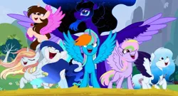 Size: 680x368 | Tagged: safe, derpibooru import, oc, oc:altersmay earth, oc:laura orchid, oc:star shine, ponified, unofficial characters only, alicorn, pegasus, pony, unicorn, colored wings, eyes closed, female, flying, heterochromia, image, jewelry, jpeg, looking up, mare, meadow, missing accessory, necklace, older altersmay earth, open mouth, planet ponies, raised hoof, regalia, spread wings, wings