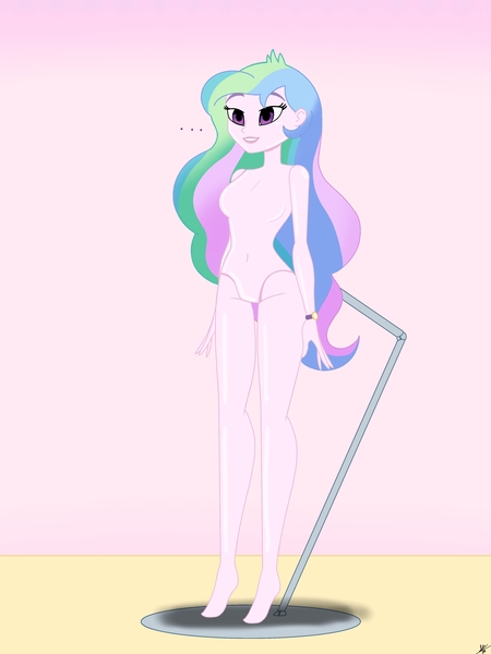 Size: 2900x3866 | Tagged: questionable, artist:diegosagiro, derpibooru import, princess celestia, equestria girls, ..., assisted exposure, barbie doll anatomy, barefoot, breasts, doll, dollified, english, featureless breasts, featureless crotch, feet, female, image, inanimate tf, jpeg, nudity, pedestal, principal celestia, solo, solo female, toy, transformation, undressed, watch, wristwatch