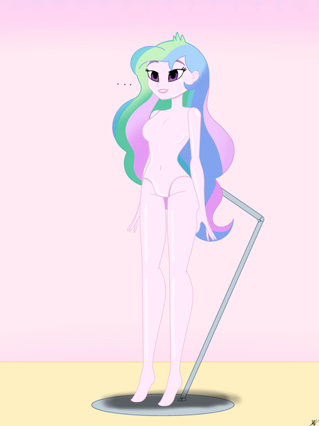 Size: 2900x3866 | Tagged: questionable, artist:diegosagiro, derpibooru import, princess celestia, equestria girls, ..., assisted exposure, barbie doll anatomy, barefoot, breasts, doll, dollified, english, featureless breasts, featureless crotch, feet, female, image, inanimate tf, jpeg, nudity, pedestal, principal celestia, solo, solo female, toy, transformation, undressed