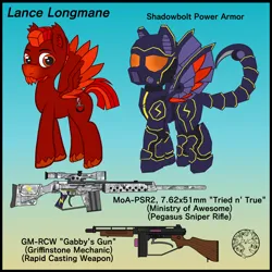 Size: 4000x4000 | Tagged: safe, artist:dice-warwick, derpibooru import, oc, oc:lance longmane, unofficial characters only, pegasus, pony, fallout equestria, armor, armored pony, blade, blaze (coat marking), camouflage, coat markings, colored wings, eye scar, facial hair, facial markings, facial scar, fallout equestria: equestria the beautiful, fanart, fanfic art, full body, gun, image, machine gun, ministry of awesome, mohawk, multicolored mane, multicolored wings, orange eyes, paws, pegasus oc, png, red fur, reference sheet, rifle, scar, scope, shadowbolts, sniper rifle, solo, text, visor, watermark, weapon, wings, wood