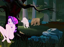 Size: 610x449 | Tagged: suggestive, derpibooru import, edit, starlight glimmer, human, wolf, equestria girls, barefoot, covering, covering mouth, feet, female, forest, forest background, glimmer prey, hide, hiding, hunting, image, jpeg, male, nudity, smell, smelling, sniffing, trace, tracks, tree, wolves