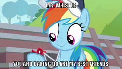 Size: 1066x600 | Tagged: safe, derpibooru import, edit, edited screencap, editor:twi clown, screencap, rainbow dash, pegasus, pony, 2 4 6 greaaat, buckball court, caption, coach rainbow dash, coaching cap, female, image, image macro, mare, png, smiling, solo, text, that pony sure does love whistles, whistle