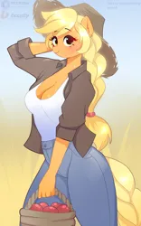 Size: 2496x4000 | Tagged: safe, artist:xjenn9, derpibooru import, applejack, anthro, pony, apple, basket, breasts, busty applejack, cleavage, female, food, hat, image, looking at you, mare, png, solo, stupid sexy applejack