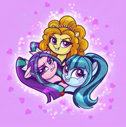 Size: 2028x2048 | Tagged: safe, artist:sophillia, derpibooru import, adagio dazzle, aria blaze, sonata dusk, pony, equestria girls, bust, frown, heart, image, jewelry, jpeg, necklace, pink background, simple background, smiling, the dazzlings, trio