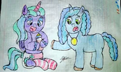 Size: 3232x1908 | Tagged: suggestive, derpibooru import, alicorn, pony, unicorn, g5, my little pony: a new generation, my little pony: tell your tale, spoiler:my little pony: a new generation, abdl, baby bottle, clothes, diaper, diaper fetish, female, fetish, image, jpeg, misty brightdawn, my little pony, opaline arcana, socks, striped socks